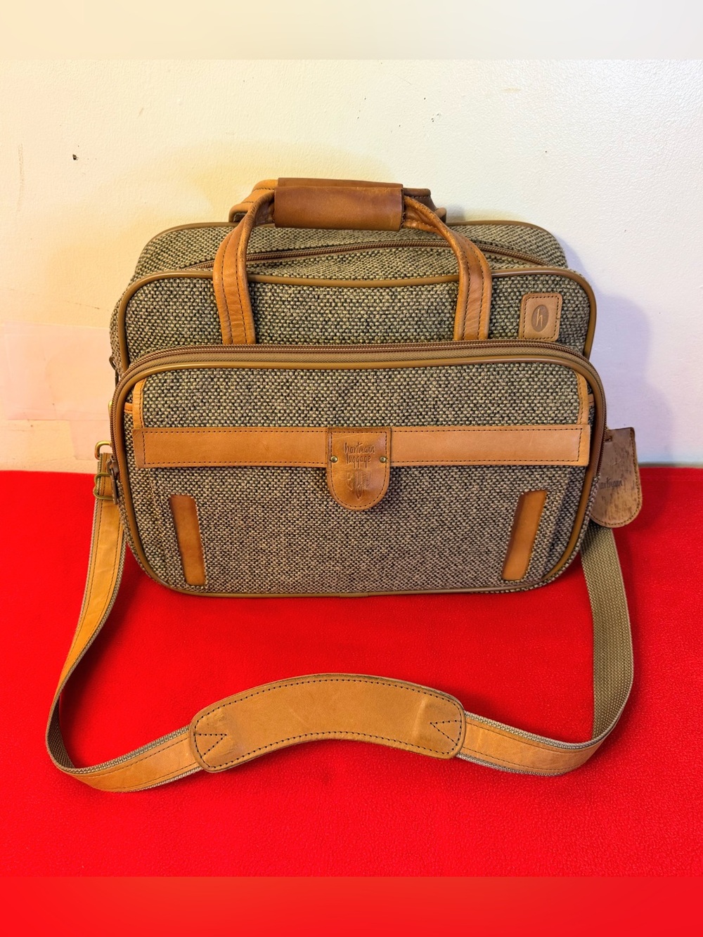 Vintage Hartmann Tweed & Brown Leather Laptop Bag Carry On Weekender Briefcase